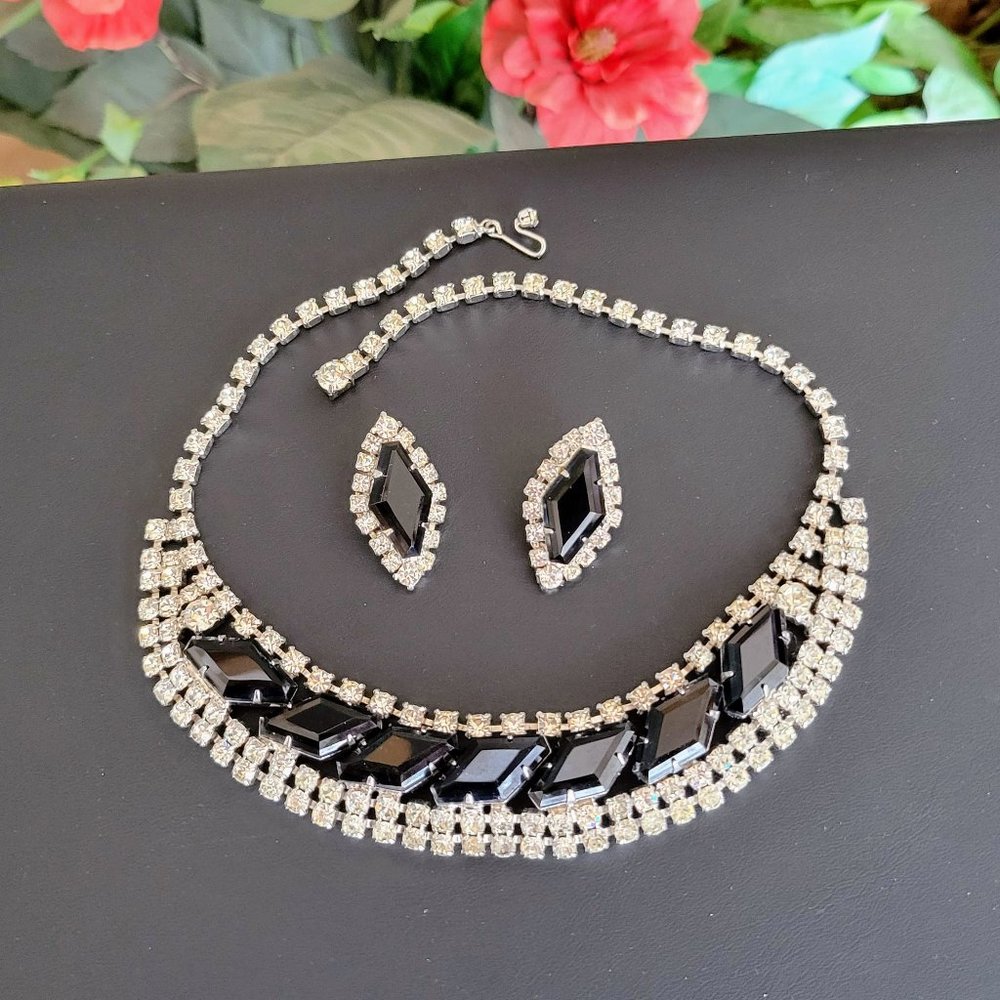 Vintage Black and Clear Bib Style Rhinestone Necklace & Earring Set